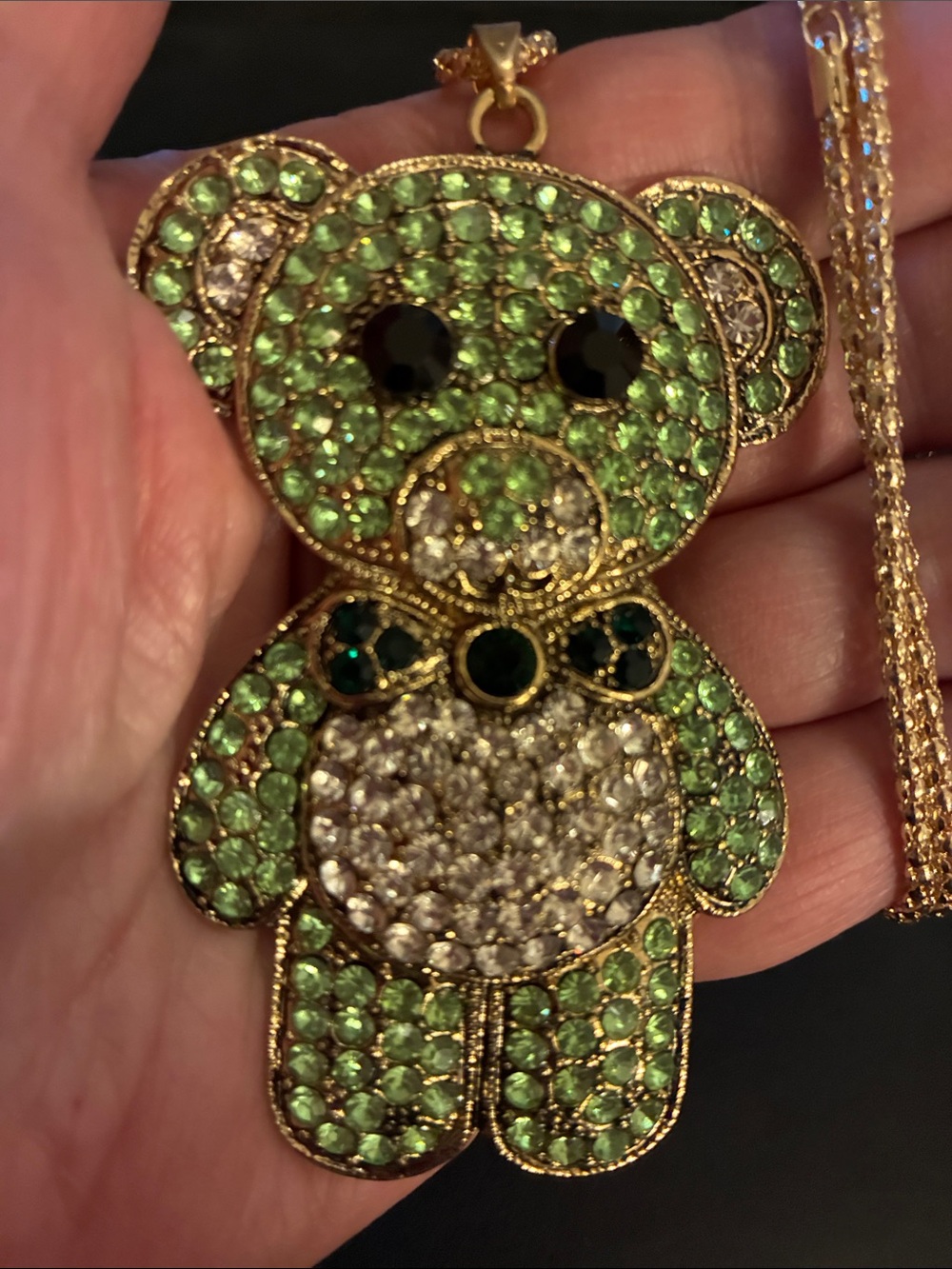 Green Crystal Teddy Bear Pendant Necklace